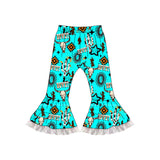 Cow cactus bull skull turquoise western girls ruffle pants