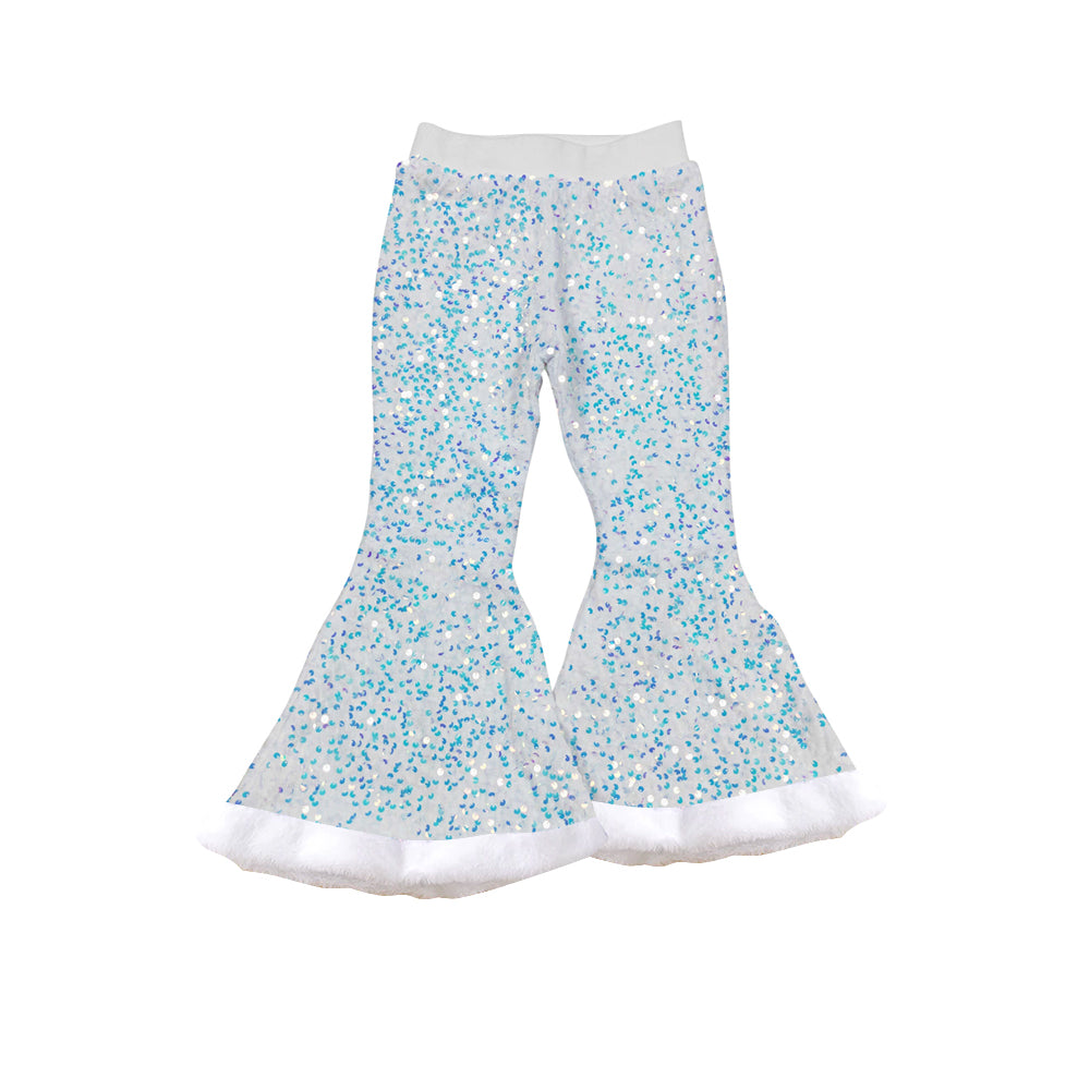 White sequin lining fur bottoms baby girls pants