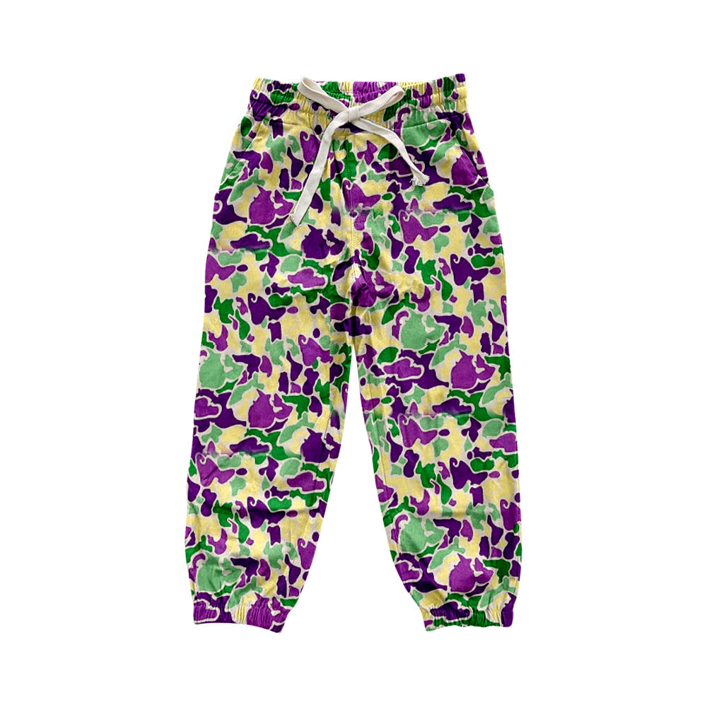 Purple yellow green camo kids Mardi Gras pants