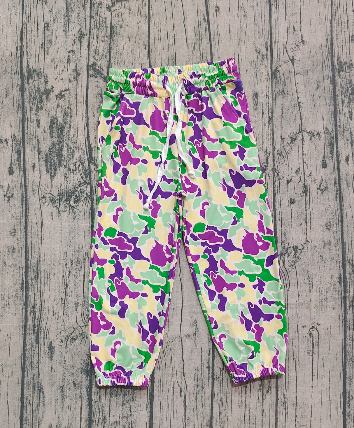 Purple yellow green camo kids Mardi Gras pants
