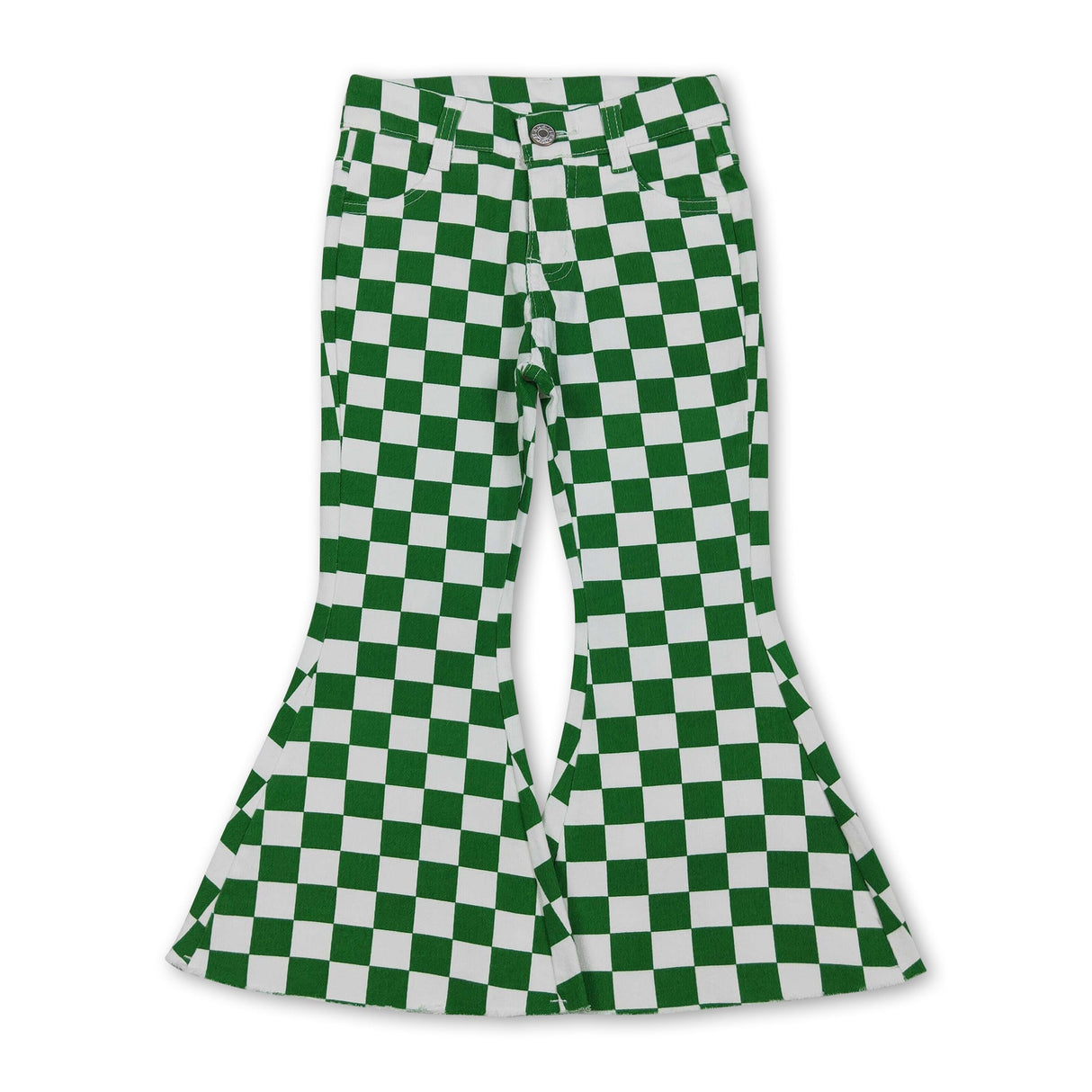 Green plaid adjustable waistband kids girls jeans