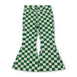 Green plaid adjustable waistband kids girls jeans