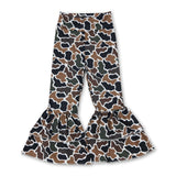Brown camo kids girls yoga ruffle bell bottom pants