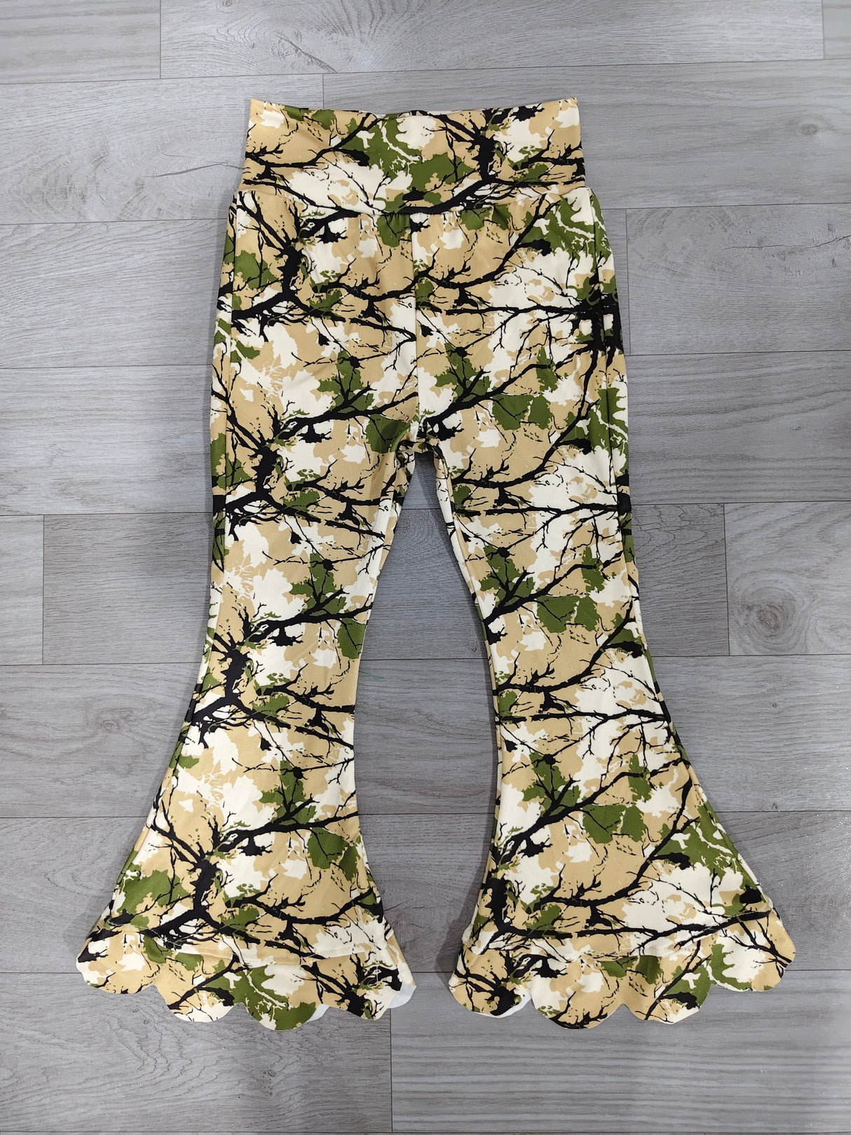 Green camo kids girls scallop bell bottom pants