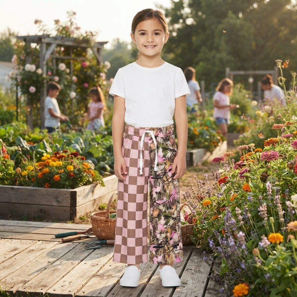 Pink plaid camo kids girls fall pants