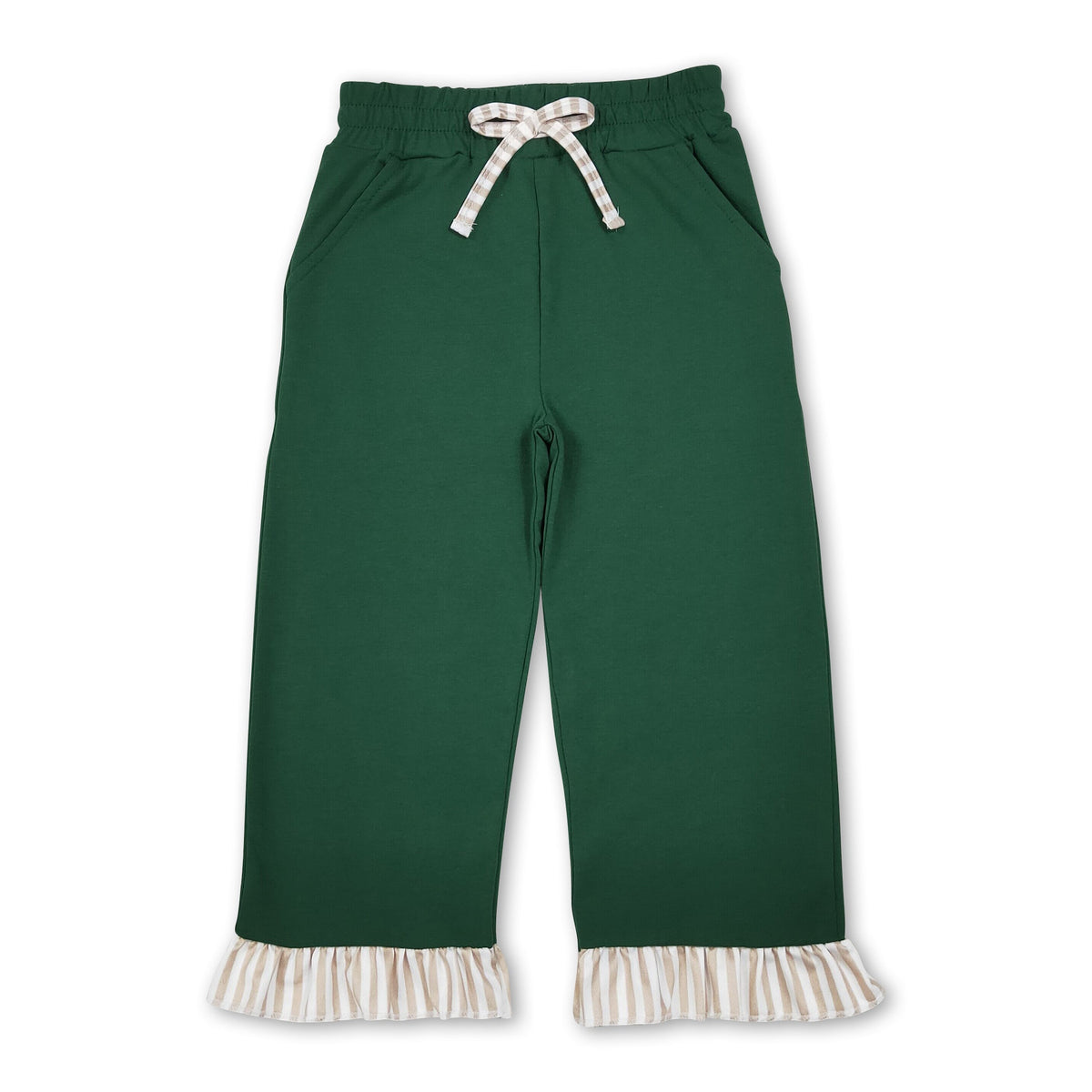 Green cotton khaki stripe ruffle kids girls pants