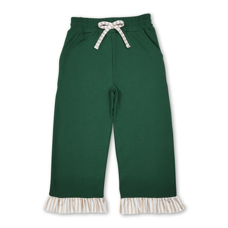 Green cotton khaki stripe ruffle kids girls pants