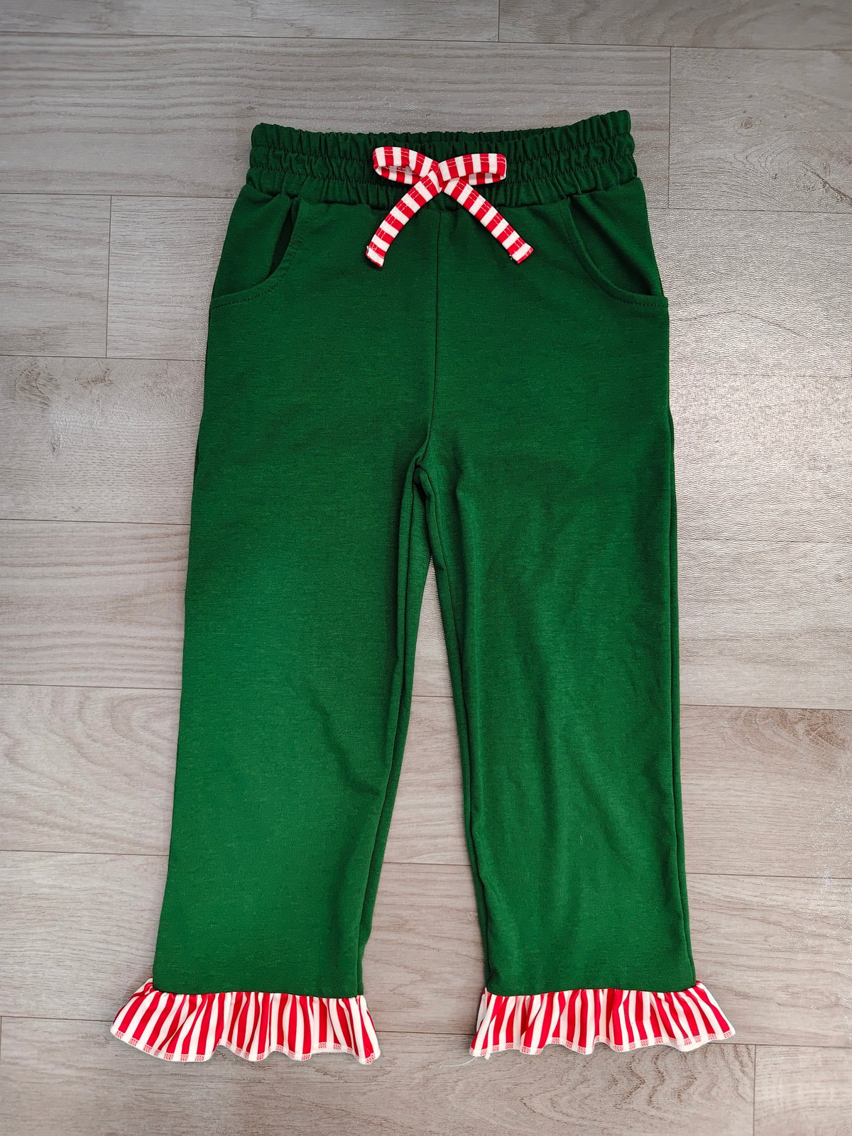Green cotton red stripe ruffle kids girls pants