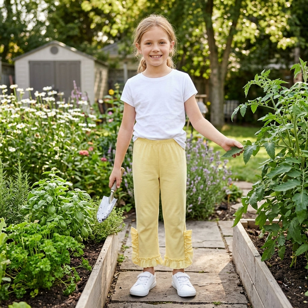 Yellow ruffle cotton kids girls pants