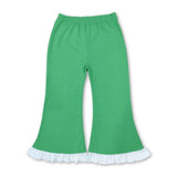 White ruffle green cotton kids girls flare pants