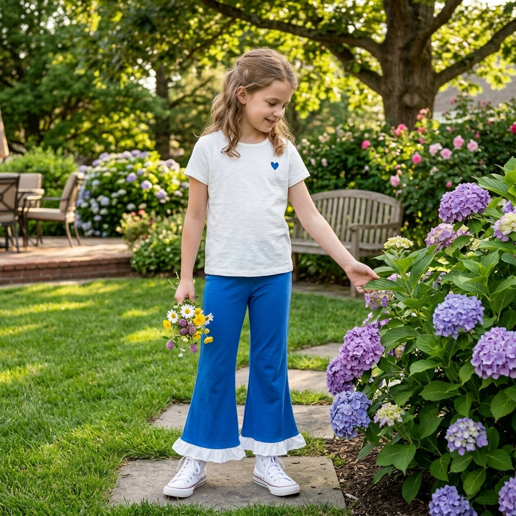 White ruffle blue cotton kids girls flare pants