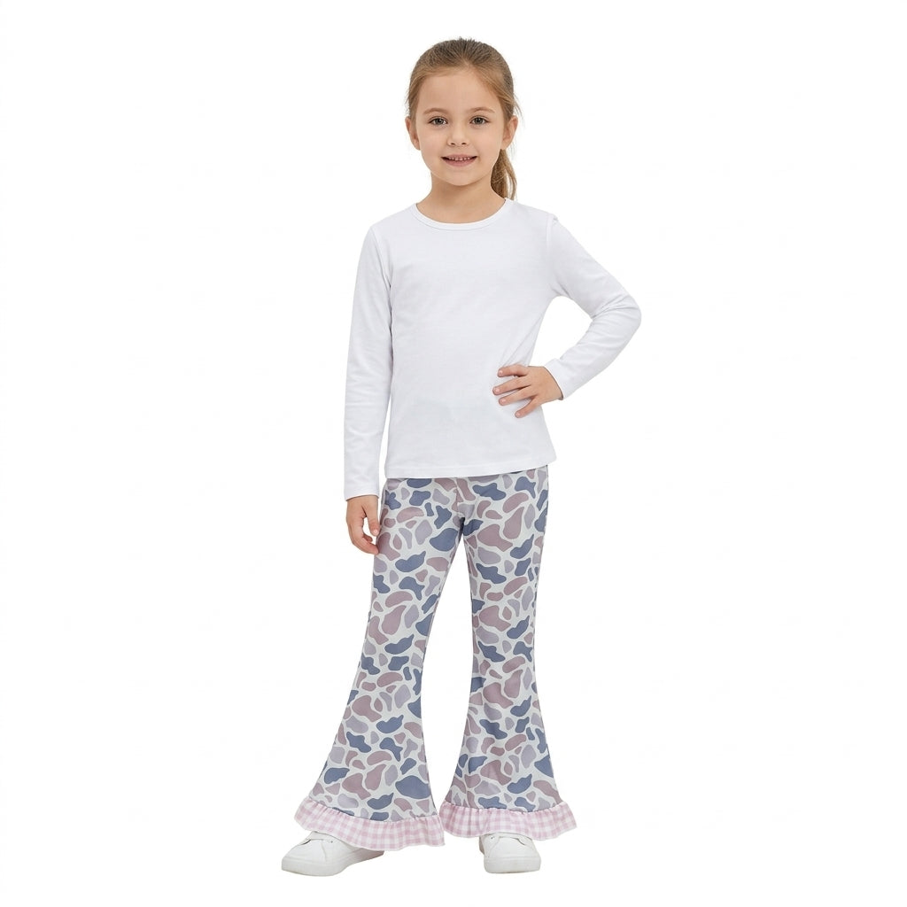 Pink plaid ruffle grey camo kids girls bell bottom pants