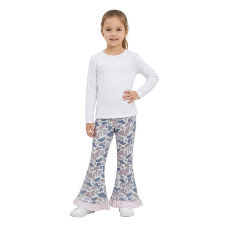 Pink plaid ruffle grey camo kids girls bell bottom pants