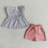 Grey stripe solid shorts woven cotton girls summer clothes