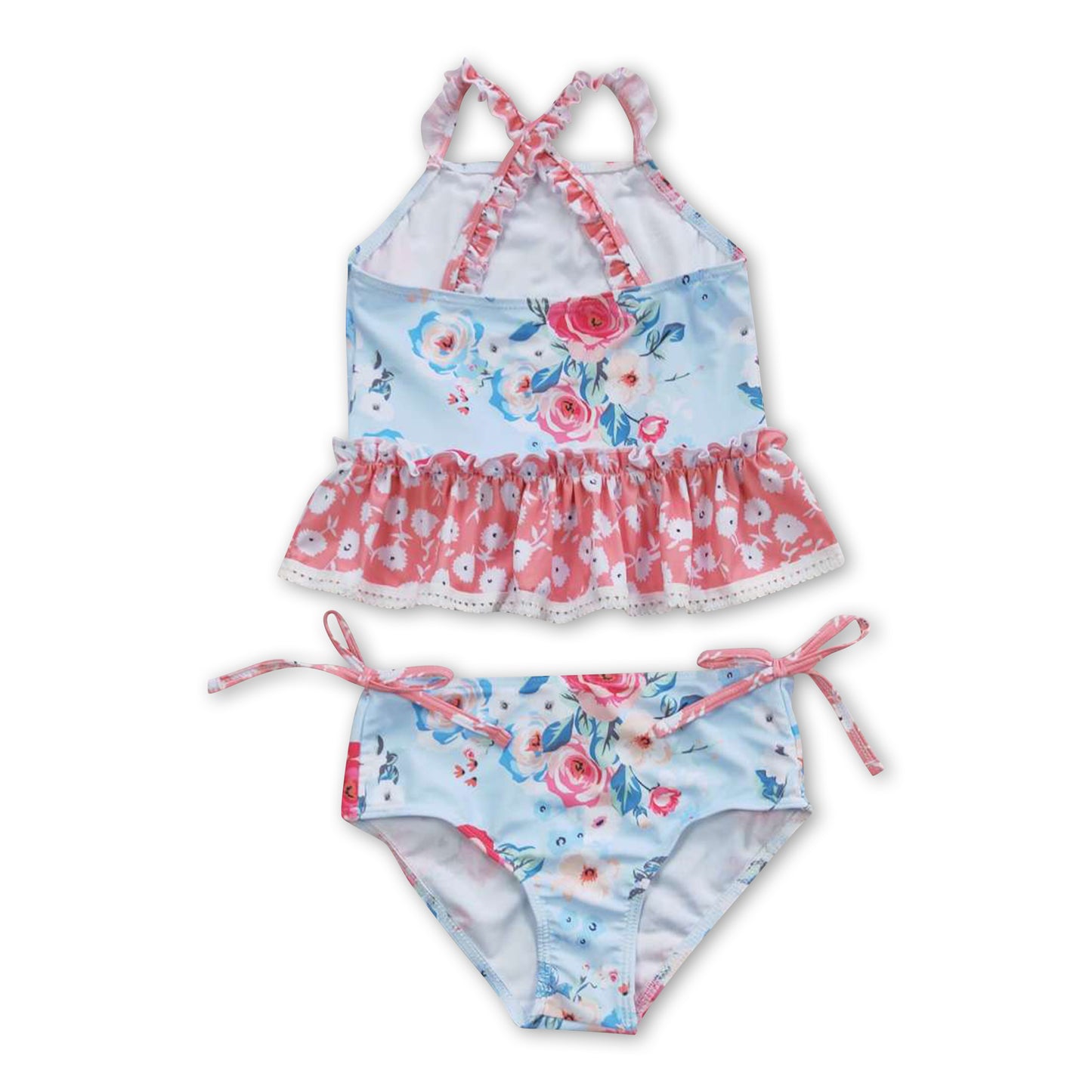 Floral peach ruffle 2 pcs baby girls summer swimsuit