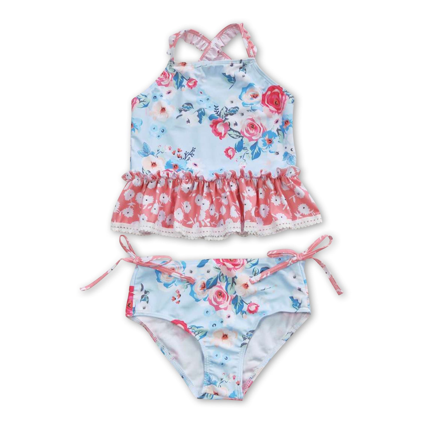 Floral peach ruffle 2 pcs baby girls summer swimsuit