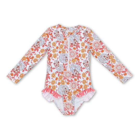 Long sleeves floral butterfly baby girls swimsuit