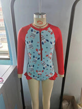 Long sleeves red blue crab 4th of july baby girls swimsuit