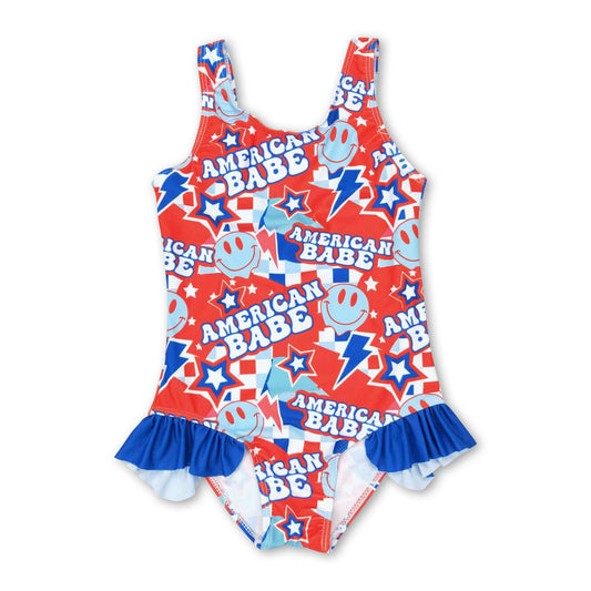 American babe smile plaid girls 4th of july swimsuit