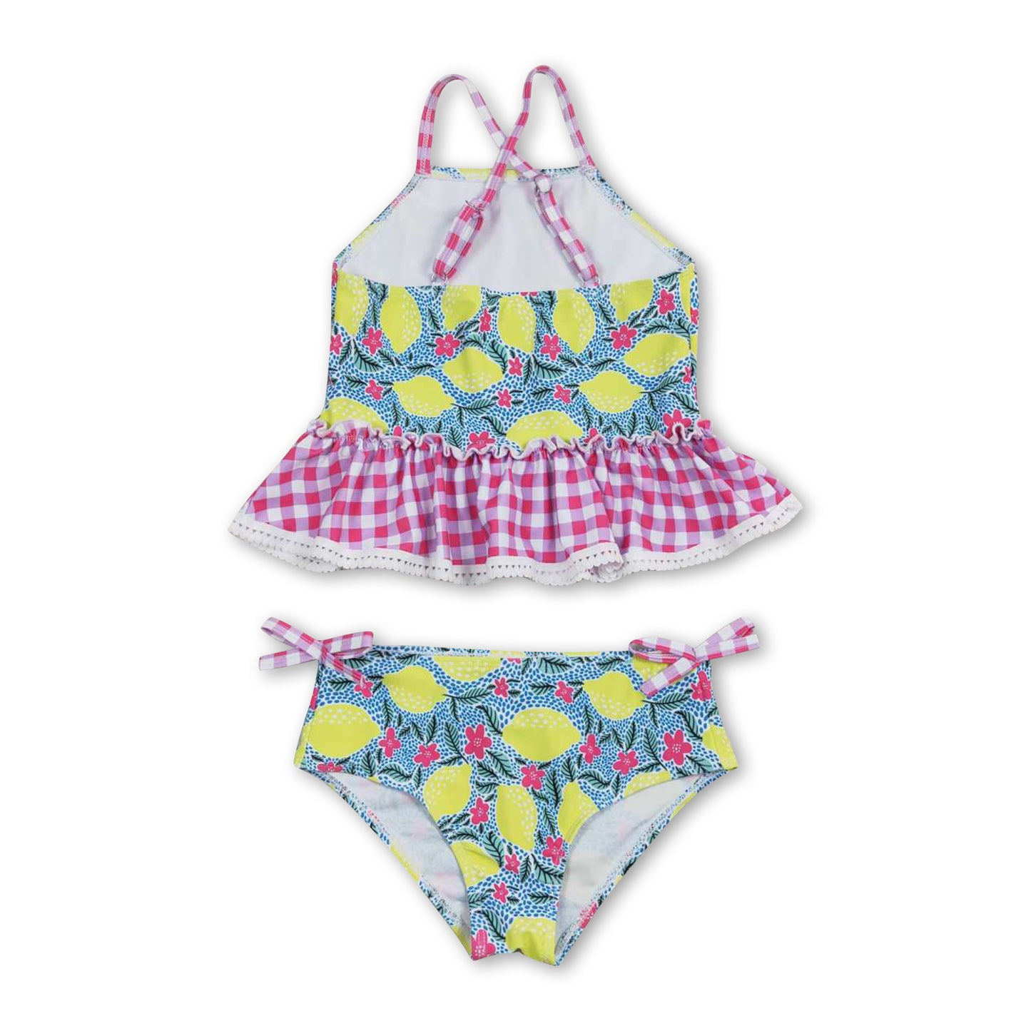 Pink plaid lemon kids girls summer swimsuits