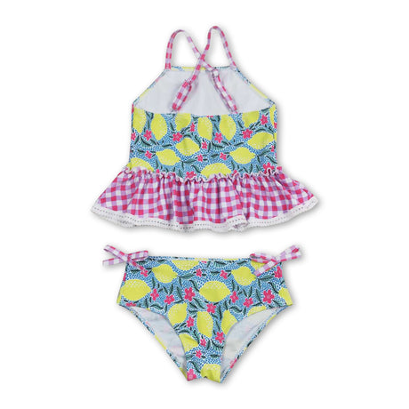 Pink plaid lemon kids girls summer swimsuits