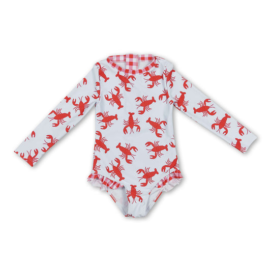 Red plaid crawfish long sleeves baby girls swimsuit