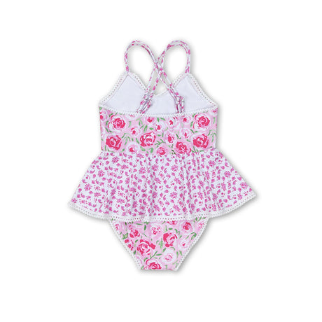 Pink floral girls one pc summer swimsuit