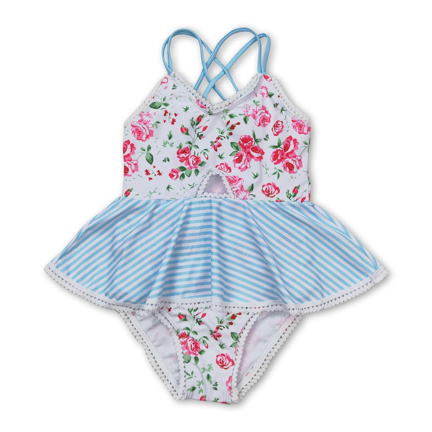 Stripe floral girls one pc summer swimsuit