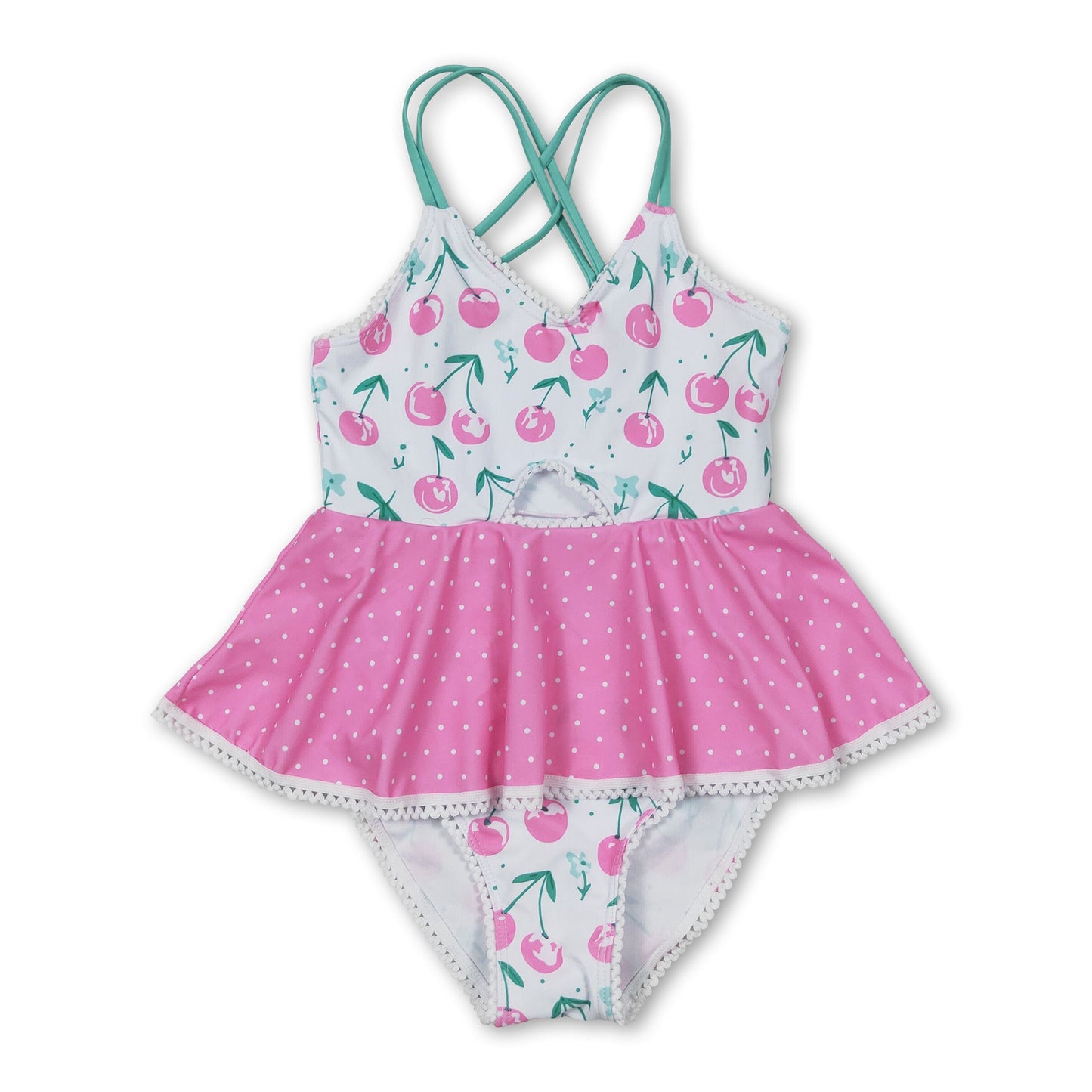 Pink cherry polka dots girls one pc summer swimsuit