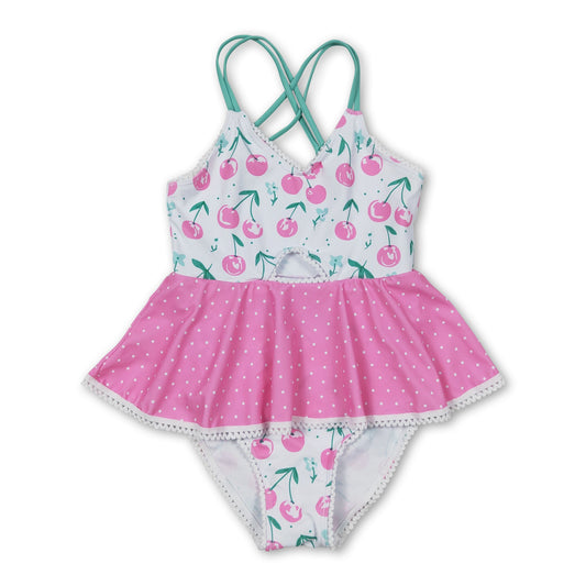 Pink cherry polka dots girls one pc summer swimsuit