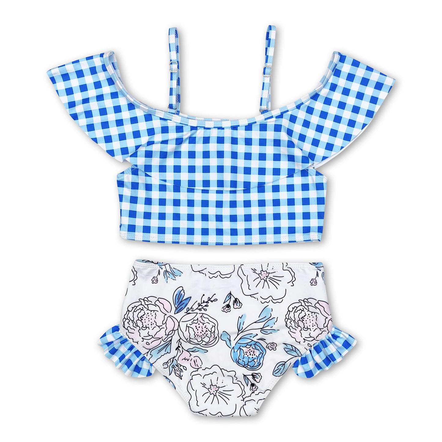 Blue plaid floral girls 2 pcs swimsuit