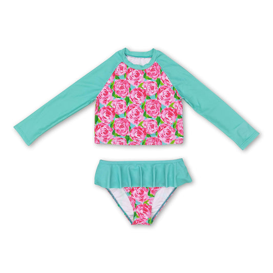 Long sleeves floral girls 2 pcs swimsuit