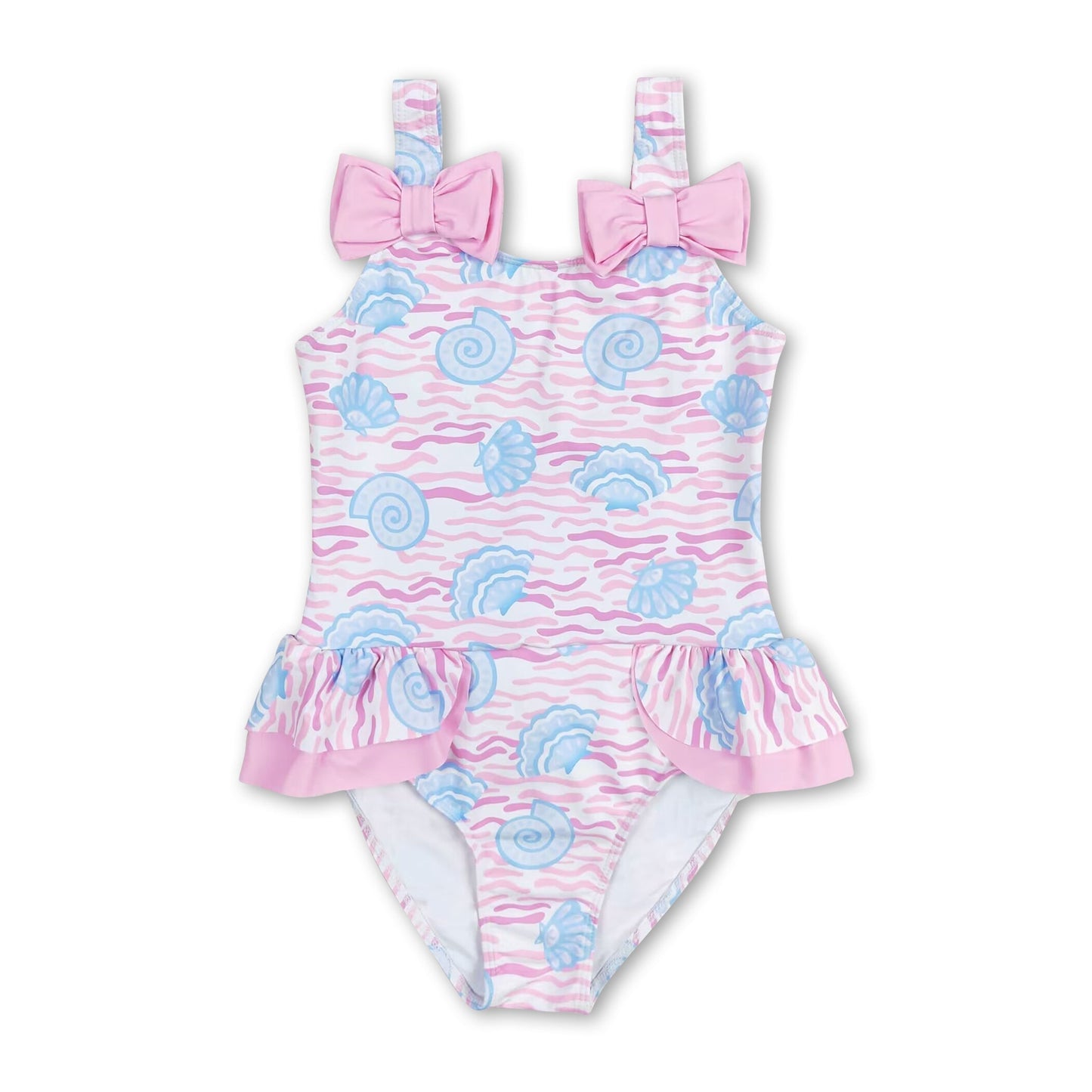 Pink bow shells one pc girls summer swimsuit