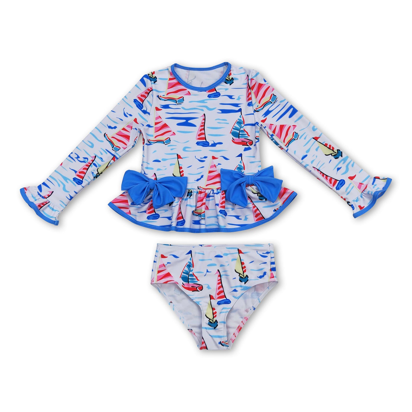 Blue sailboat long sleeves one pc baby girls swimsuit