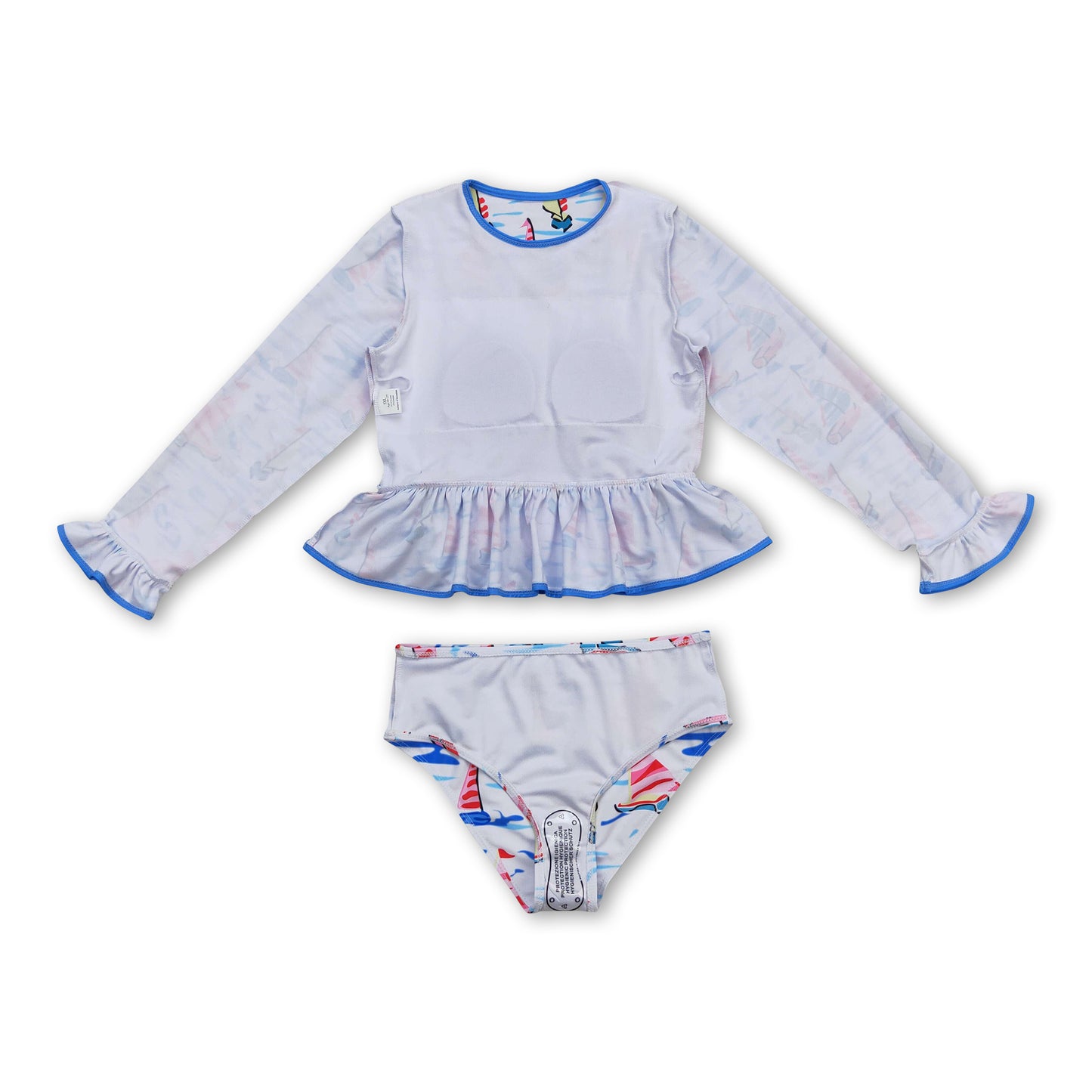 Blue sailboat long sleeves one pc baby girls swimsuit