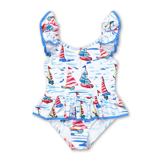 Blue sailboat flutter sleeves one pc baby girls swimsuit