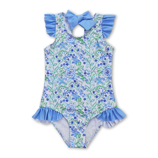 Light blue green floral girls one pc swimsuit