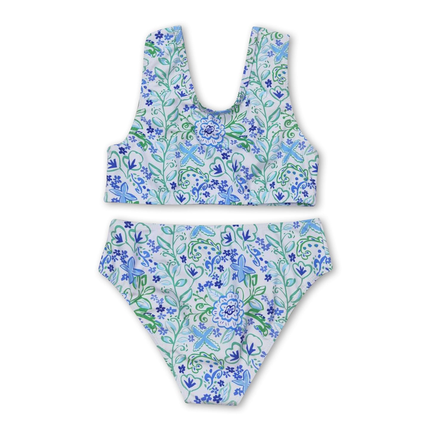 Light blue green floral 2pcs girls summer swimsuit