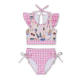 Plaid checked flutter sleeves singer girls swimsuit