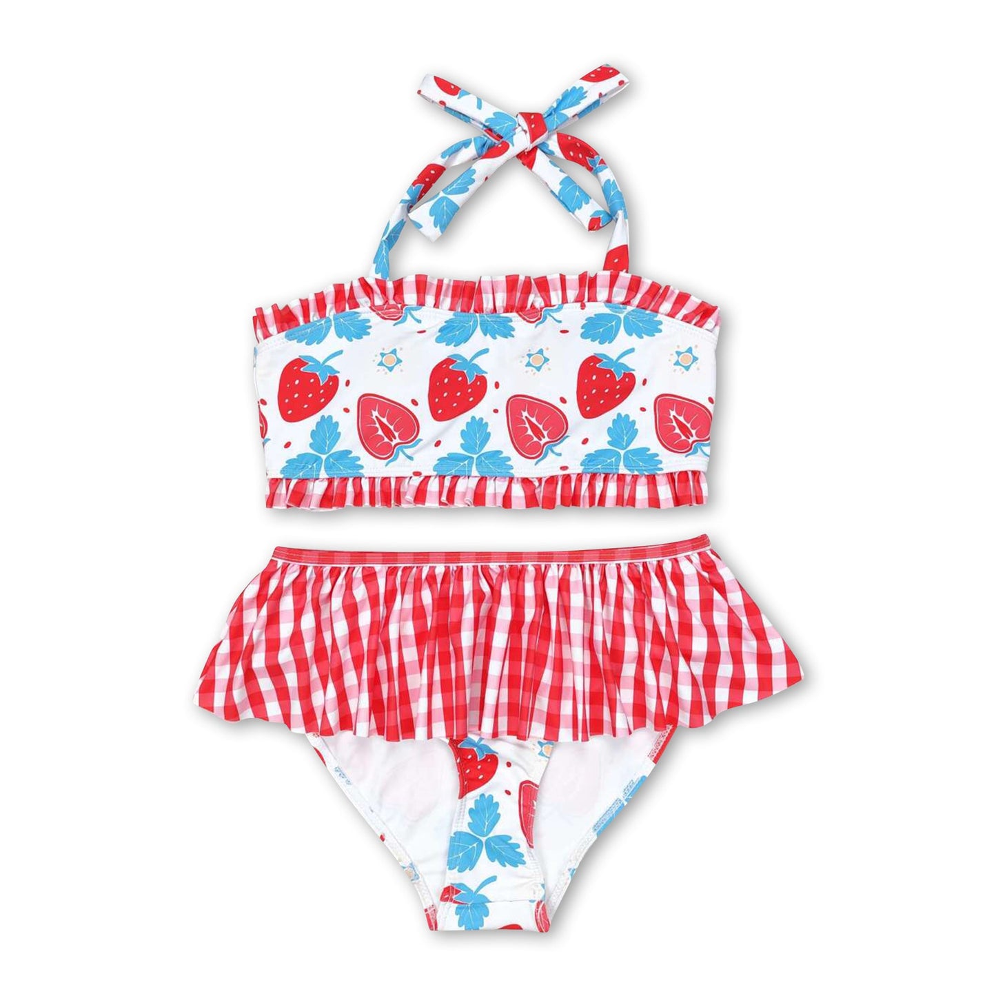 Strawberry plaid two pieces girls summer swimwear