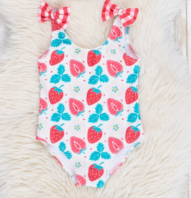 Strawberry plaid bow one piece girls summer swimwear