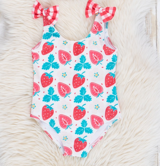 Strawberry plaid bow one piece girls summer swimwear