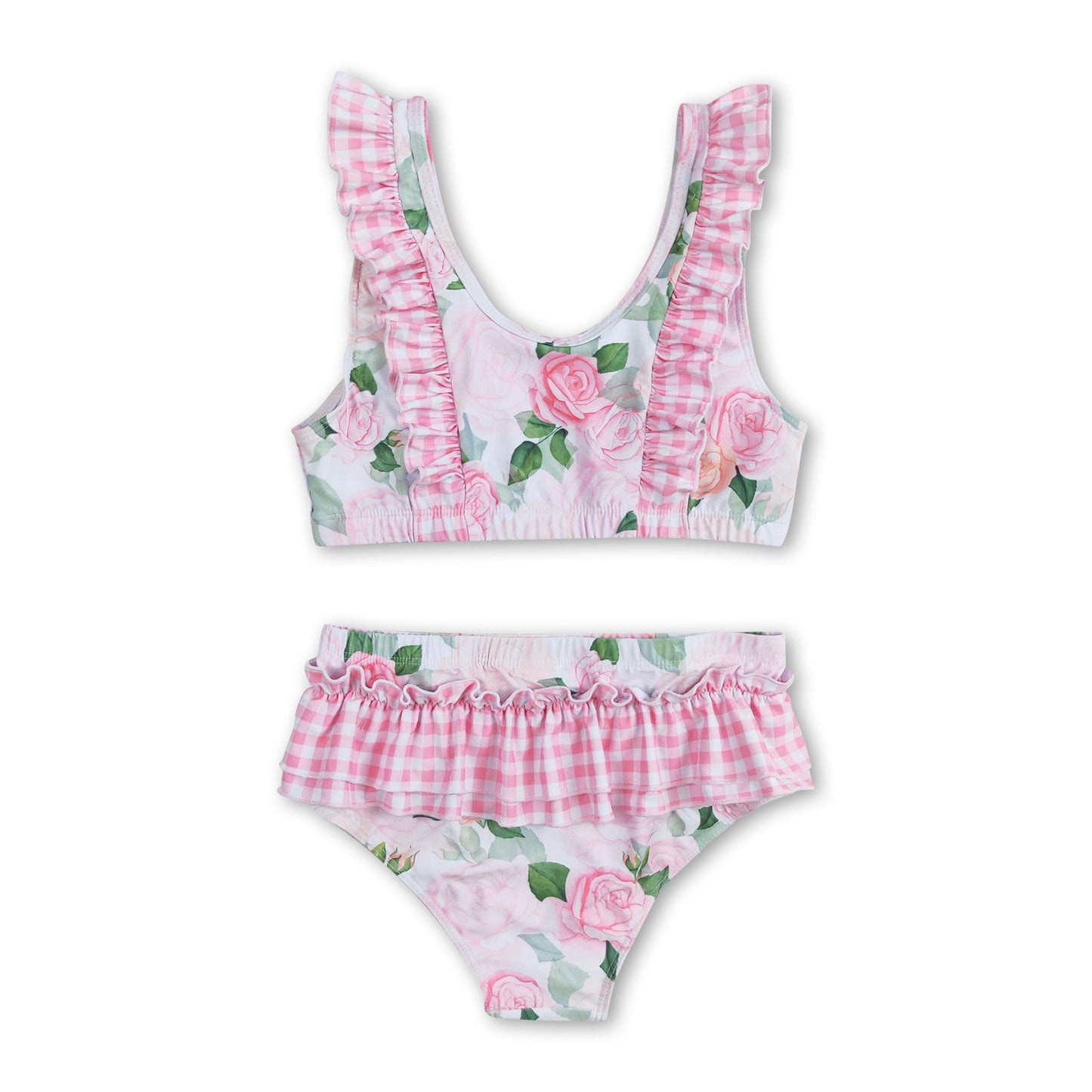 Pink plaid ruffle floral two pieces girls summer swimsuit