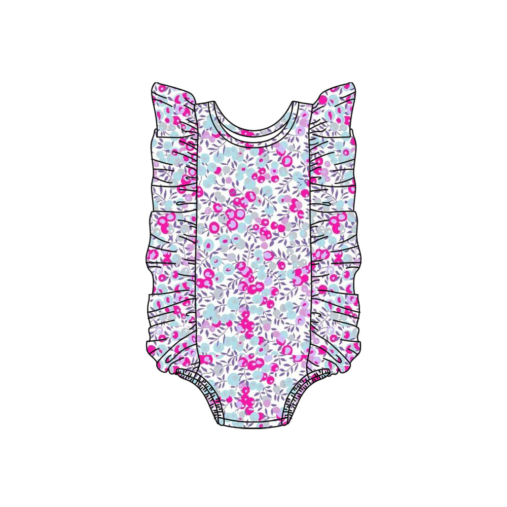 Hot pink floral ruffle one piece girls swimsuit