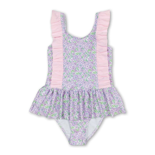 Pink ruffle floral one piece baby girls swimsuit