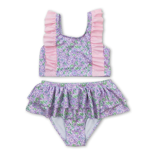 Pink ruffle floral two pieces baby girls swimsuit