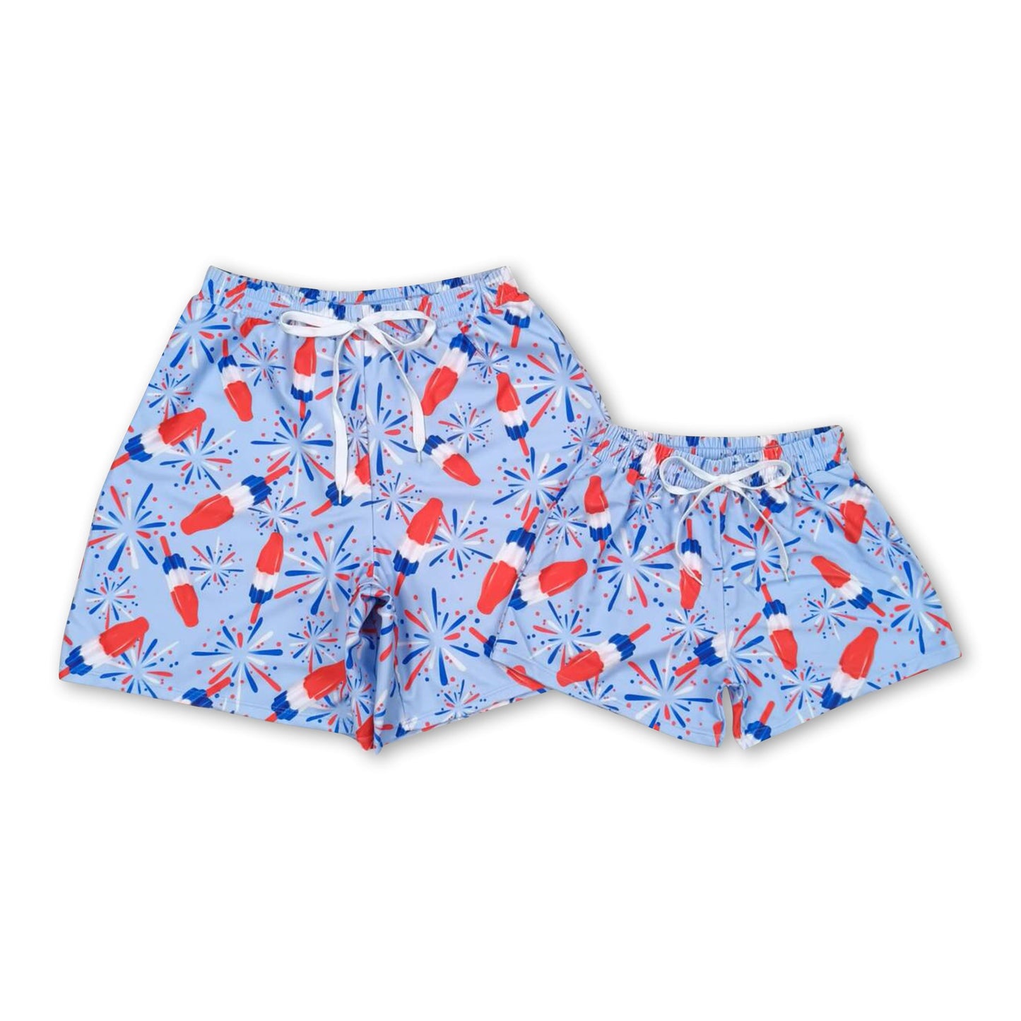 Blue firework popsicle adult men 4th of july swim trunks