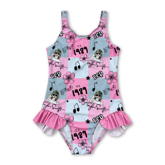 Sleeveless pink plaid floral singer girls summer swimsuit