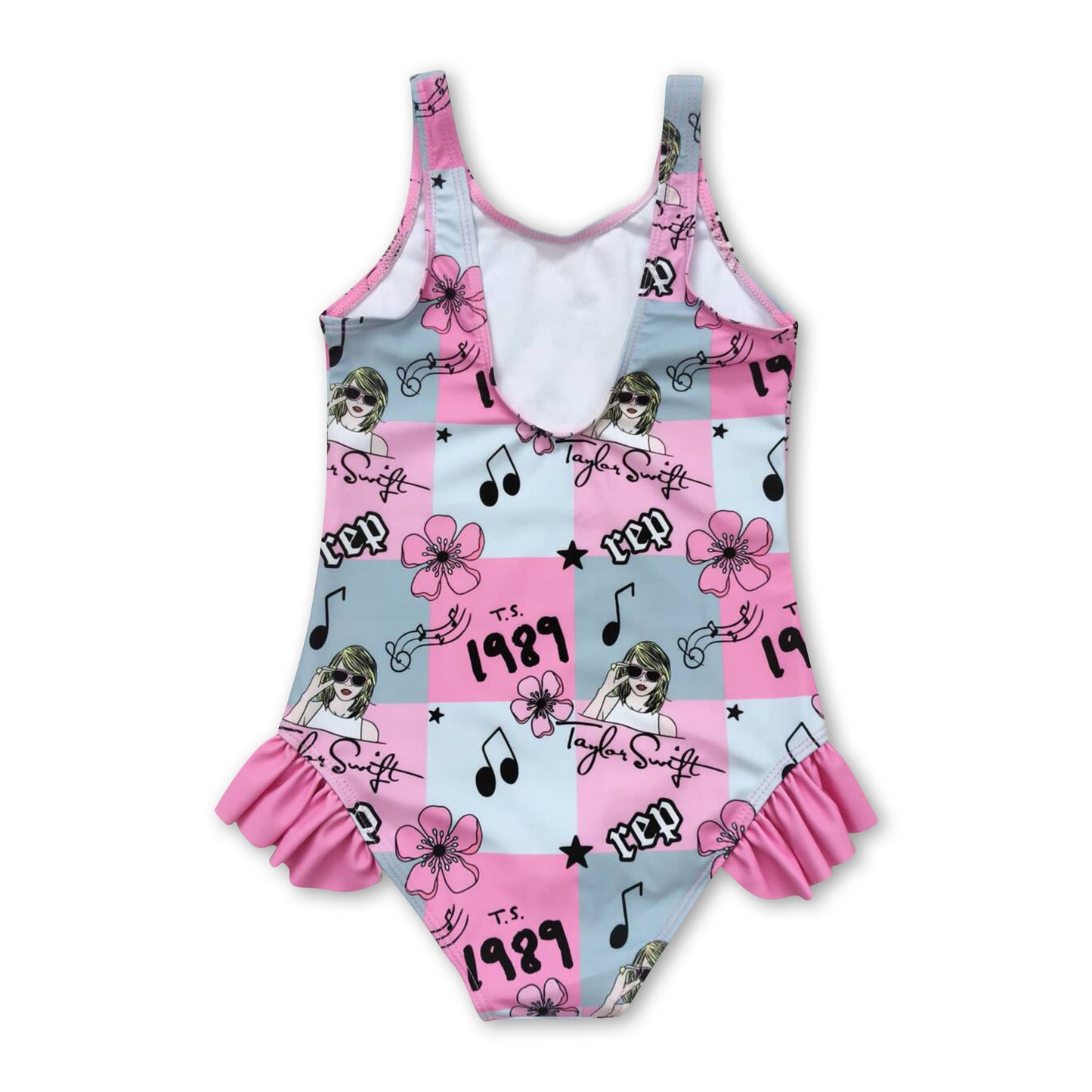 Sleeveless pink plaid floral singer girls summer swimsuit