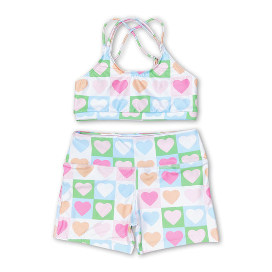 Colorful plaid heart crop top match shorts kids girls swimsuit